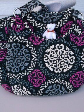 Vera Bradley Quilted Shoulder Bag (11x11.5) + Mini White Bear Plush • Like New